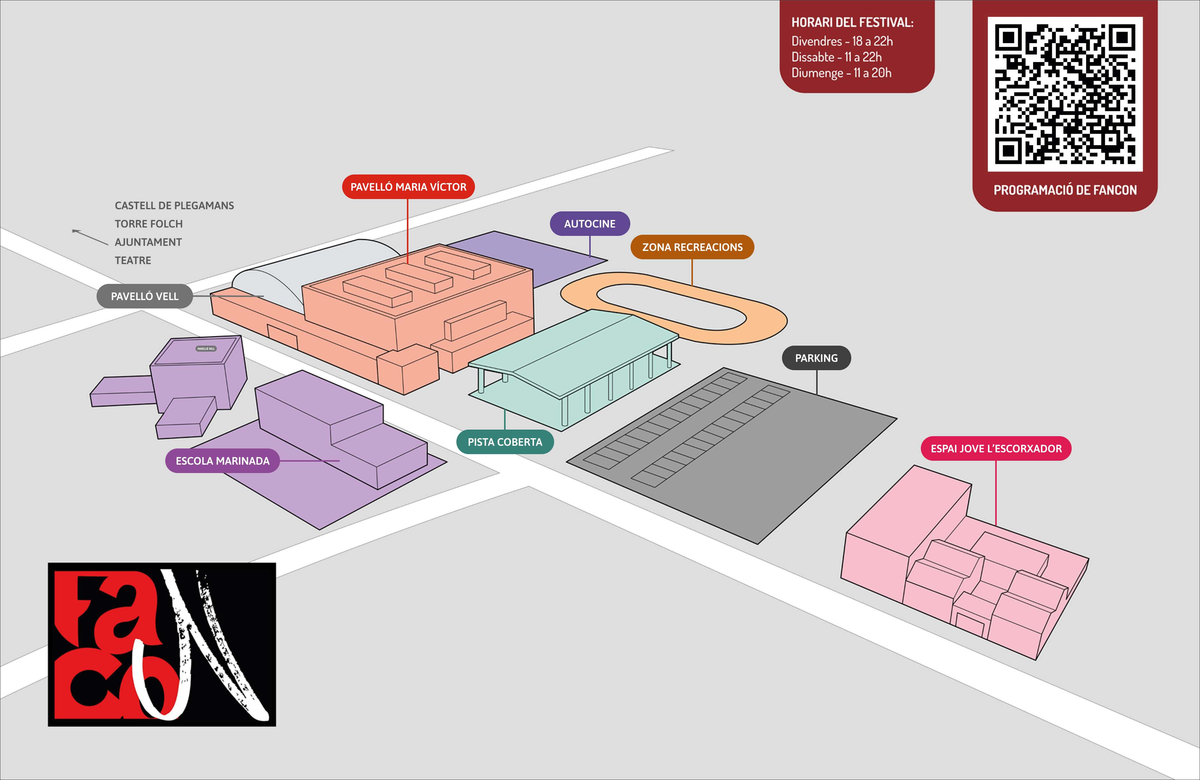 Planol amb dibuix del següents edificis: Pavelló Vell, Pavelló Maria Víctor, Autocine, Zona recreacions, Parking, Espai jove l'Escorxador, Escola Marinada, Pista coberta